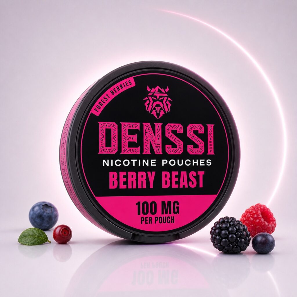 Denssi Berry Beast 100mg Nicotine Pouches — 100mg nicotine per pouch, slim format, 15 pouches