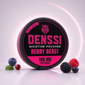 Denssi Berry Beast 100mg Nicotine Pouches — 100mg nicotine per pouch, slim format, 15 pouches
