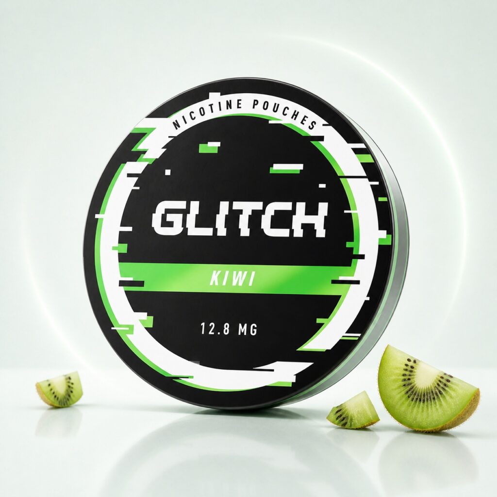 Glitch Kiwi 12.8mg Nicotine Pouches — 12.8mg nicotine per pouch, slim format, 20 pouches