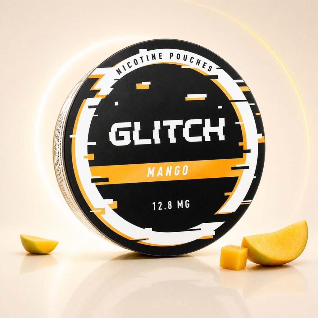 Glitch Mango 12.8mg Nicotine Pouches — 12.8mg nicotine per pouch, slim format, 20 pouches