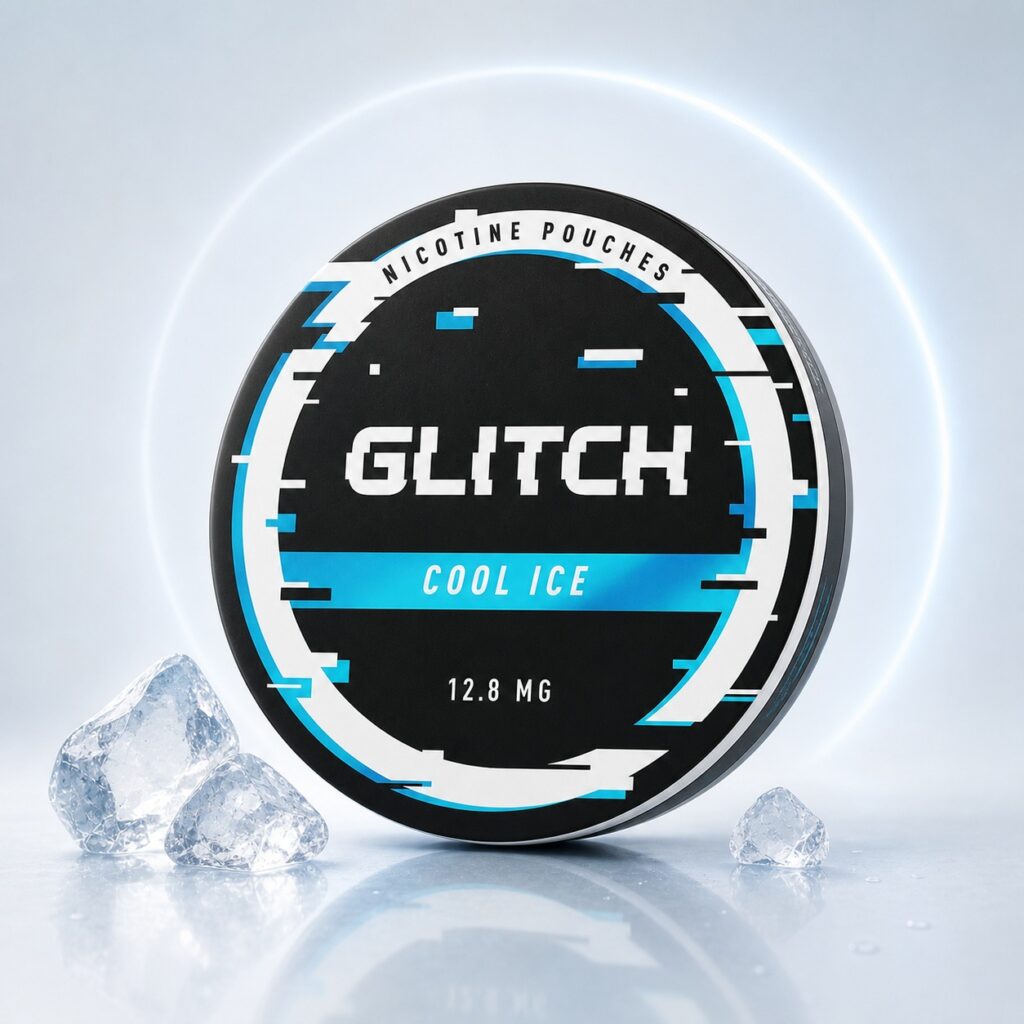 Glitch Cool Ice 12.8mg Nicotine Pouches — 12.8mg nicotine per pouch, slim format, 20 pouches