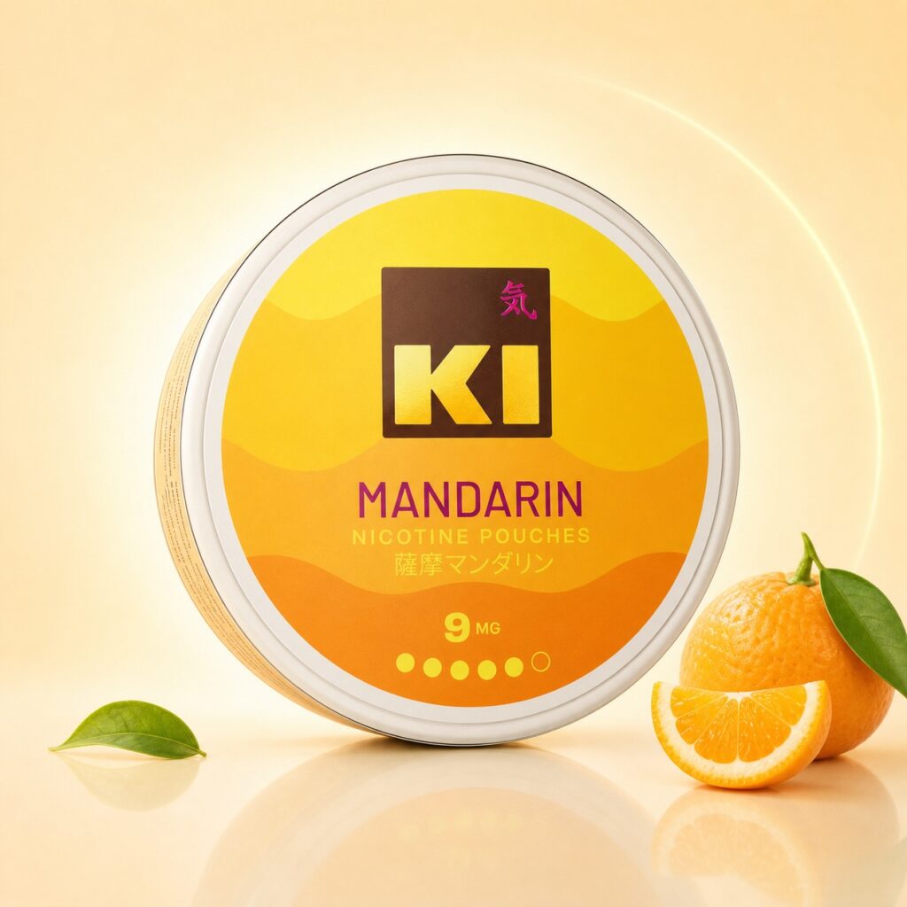 Ki Satsuma Citrus 9mg Nicotine Pouches — 9mg nicotine per pouch, slim format, 18 pouches