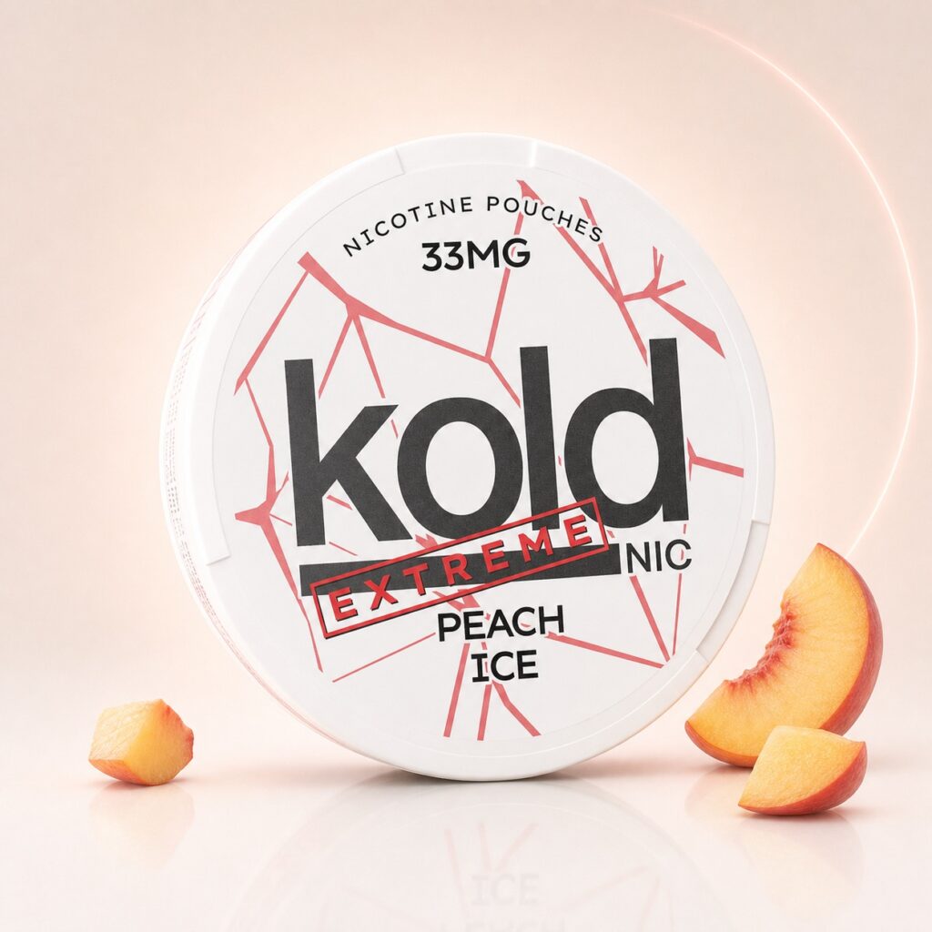 koldnic Peach Ice 33mg Nicotine Pouches — 33mg nicotine per pouch, slim format, 20 pouches