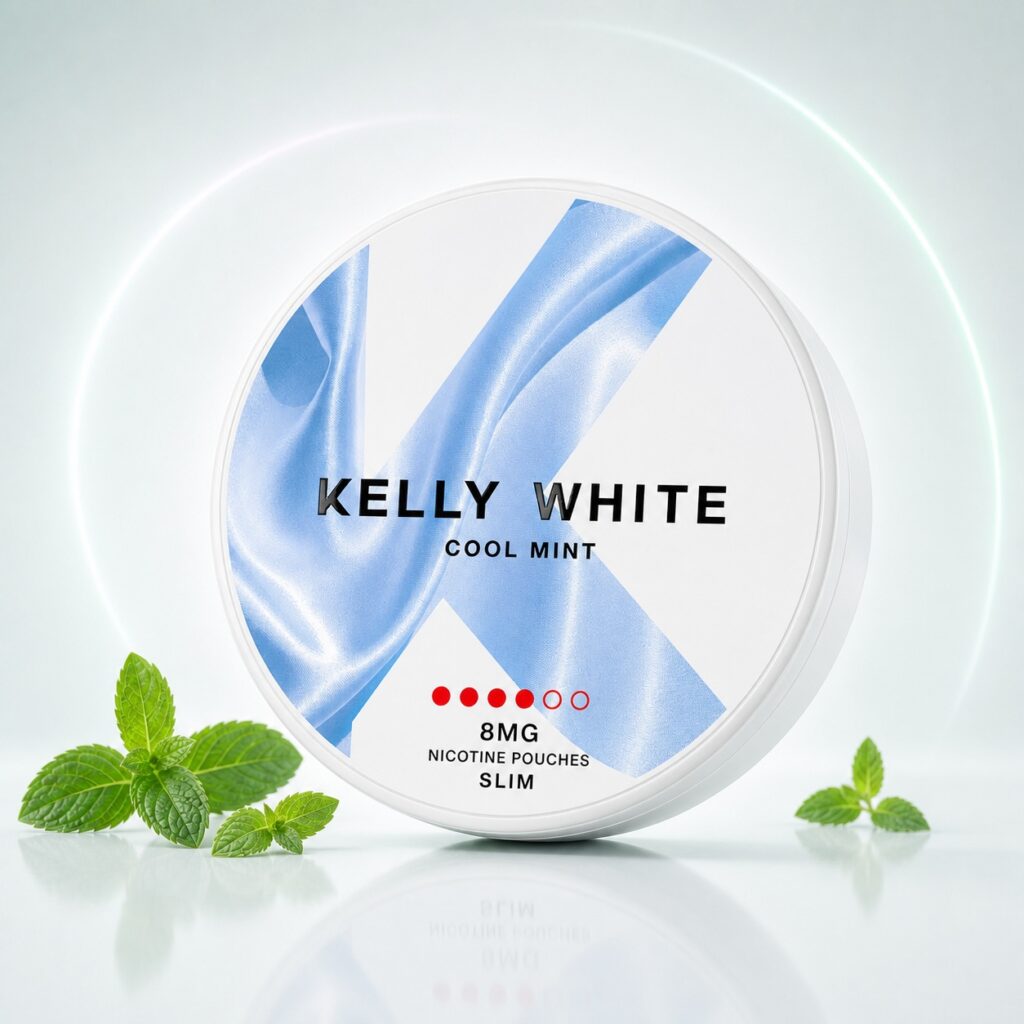 Kelly White Cool Mint 8mg Nicotine Pouches — 8mg nicotine per pouch, slim format, 20 pouches