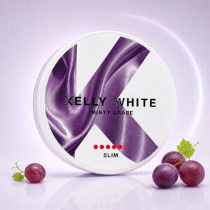 Kelly White Minty Grape 10mg Nicotine Pouches — 10mg nicotine per pouch, slim format, 20 pouches