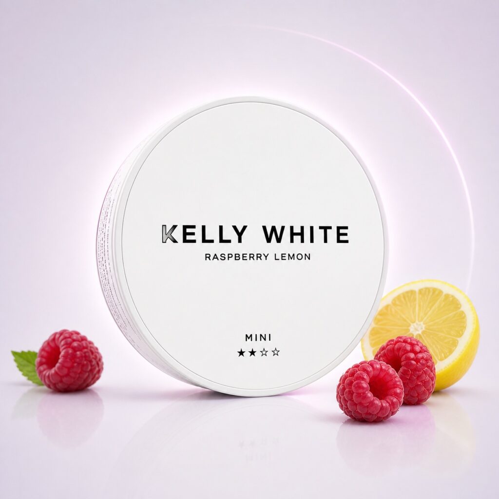 Kelly White Raspberry Lemon 5.5mg Nicotine Pouches — 5.5mg nicotine per pouch, mini format, 20 pouches