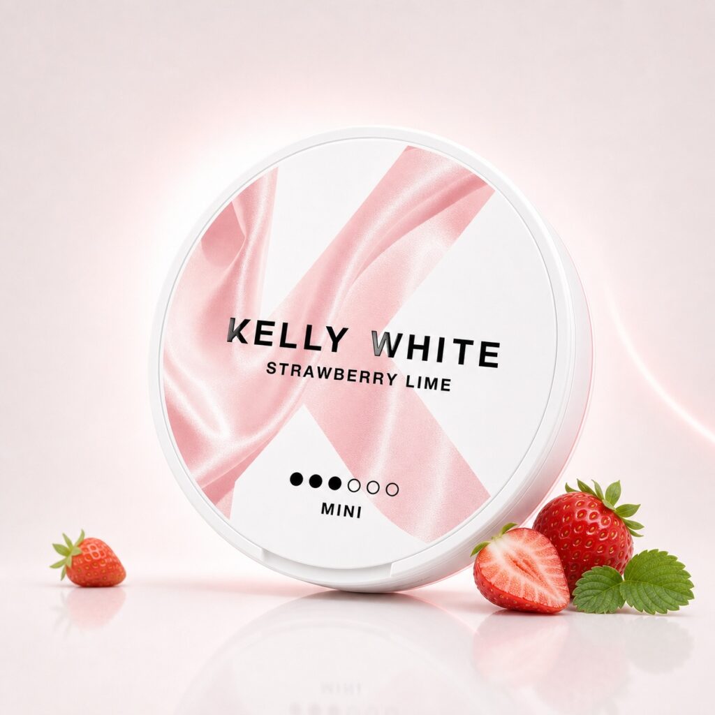 Kelly White Strawberry Lime 5mg Nicotine Pouches — 5mg nicotine per pouch, mini format, 20 pouches