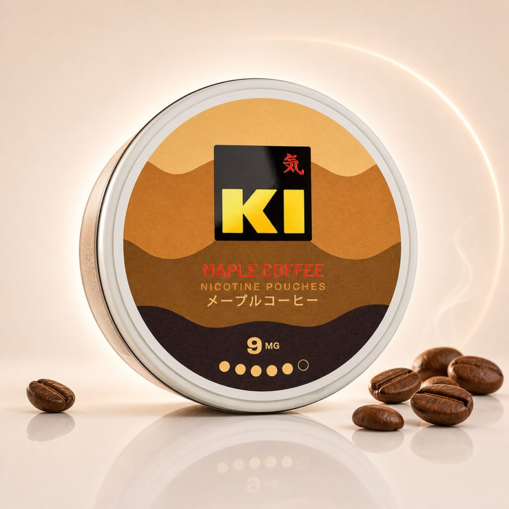 Ki Maple Coffee 9mg Nicotine Pouches — 9mg nicotine per pouch, slim format, 18 pouches