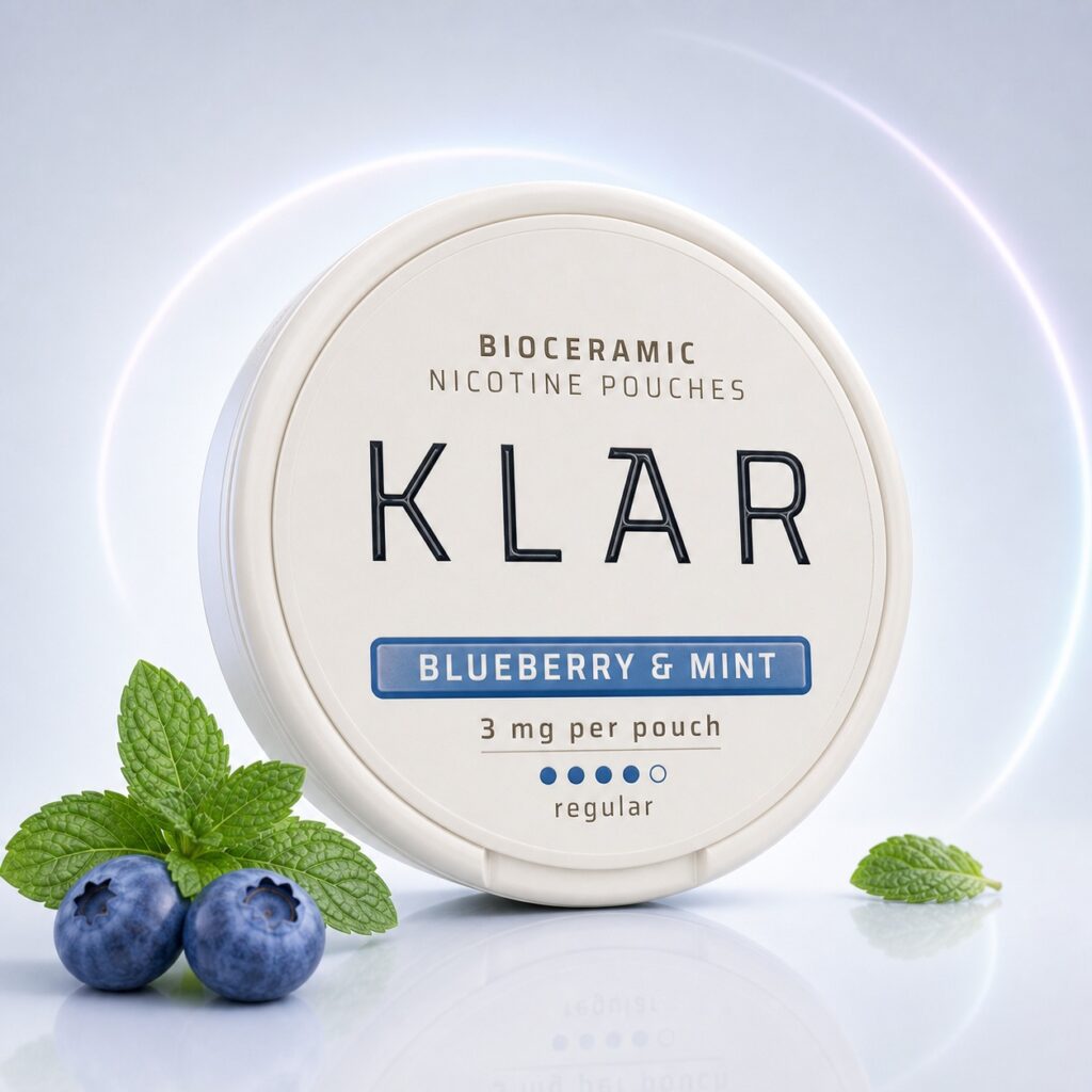 Klar Blueberry & Mint 3mg Nicotine Pouches — 3mg nicotine per pouch, slim format, 20 pouches