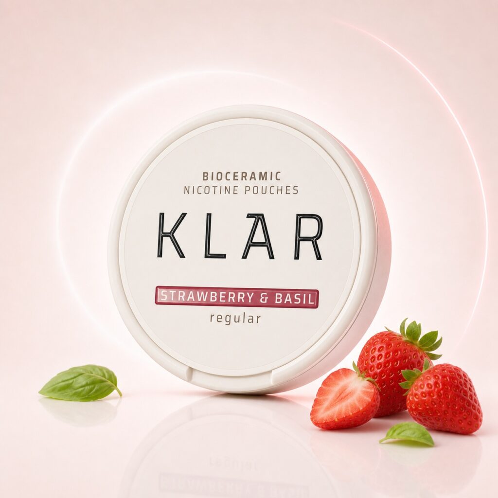 Klar Strawberry & Basil 3mg Nicotine Pouches — 3mg nicotine per pouch, slim format, 20 pouches