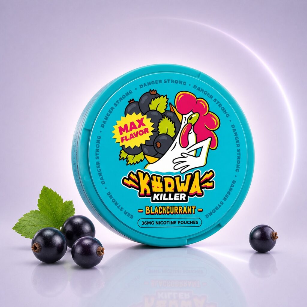 Kurwa Blackcurrant 36mg Nicotine Pouches — 36mg nicotine per pouch, slim format, 20 pouches