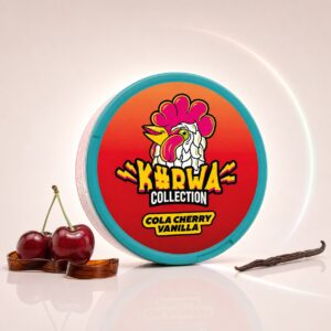 Kurwa Cola Cherry Vanilla 12.8mg Nicotine Pouches — 12.8mg nicotine per pouch, slim format, 20 pouches