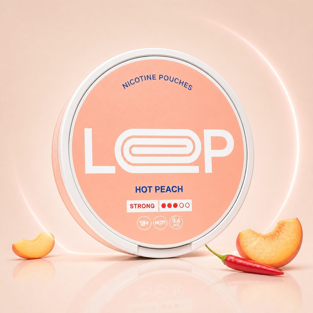 Loop Hot Peach 9.4mg Nicotine Pouches — 9.4mg nicotine per pouch, slim format, 20 pouches