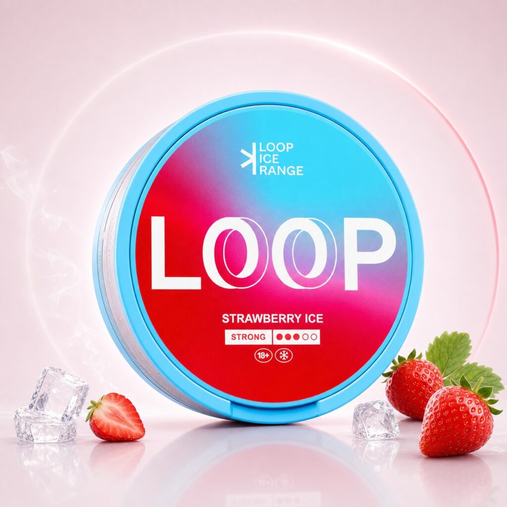Loop Strawberry Ice 9.4mg Nicotine Pouches — 9.4mg nicotine per pouch, slim format, 20 pouches