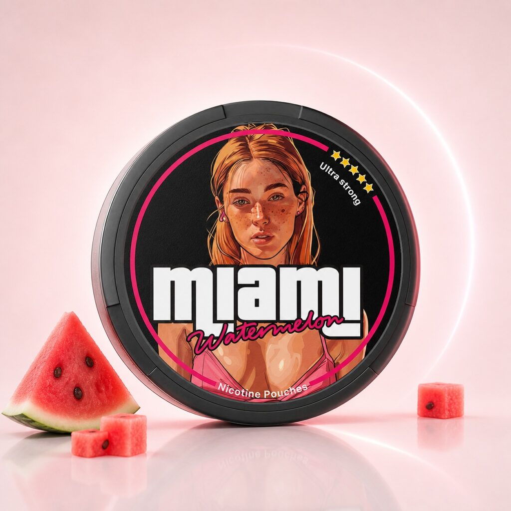 Miami Watermelon 20.1mg Nicotine Pouches — 20.1mg nicotine per pouch, slim format, 20 pouches