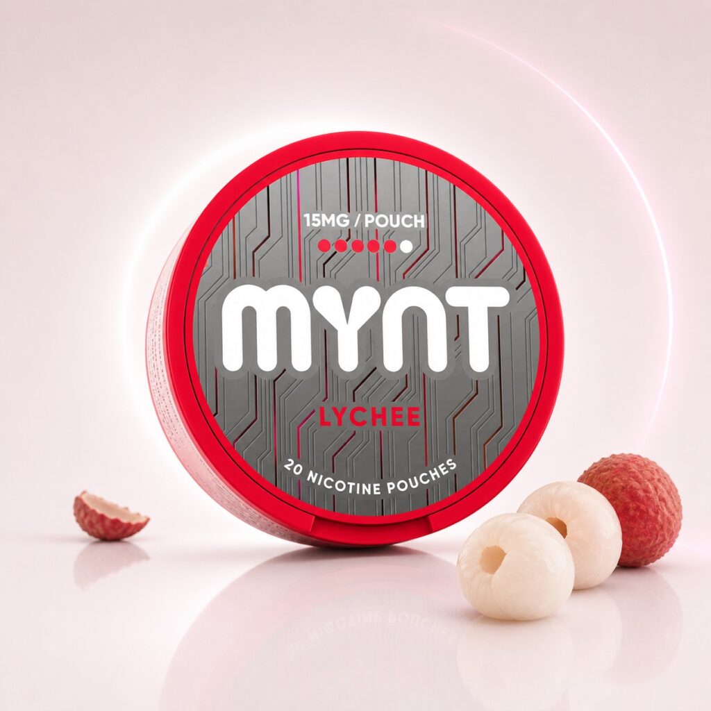 MYNT Lychee 15mg Nicotine Pouches — 15mg nicotine per pouch, slim format, 20 pouches