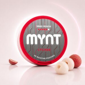 MYNT Lychee 15mg Nicotine Pouches — 15mg nicotine per pouch, slim format, 20 pouches