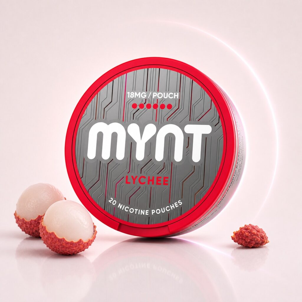 MYNT Lychee 18mg Nicotine Pouches — 18mg nicotine per pouch, slim format, 20 pouches