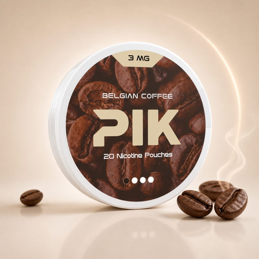 PIK Belgian Coffee 3mg Nicotine Pouches — 3mg nicotine per pouch, slim format, 20 pouches