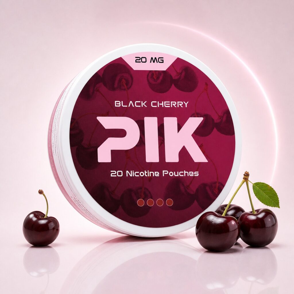 PIK Black Cherry 20mg Nicotine Pouches — 20mg nicotine per pouch, slim format, 20 pouches