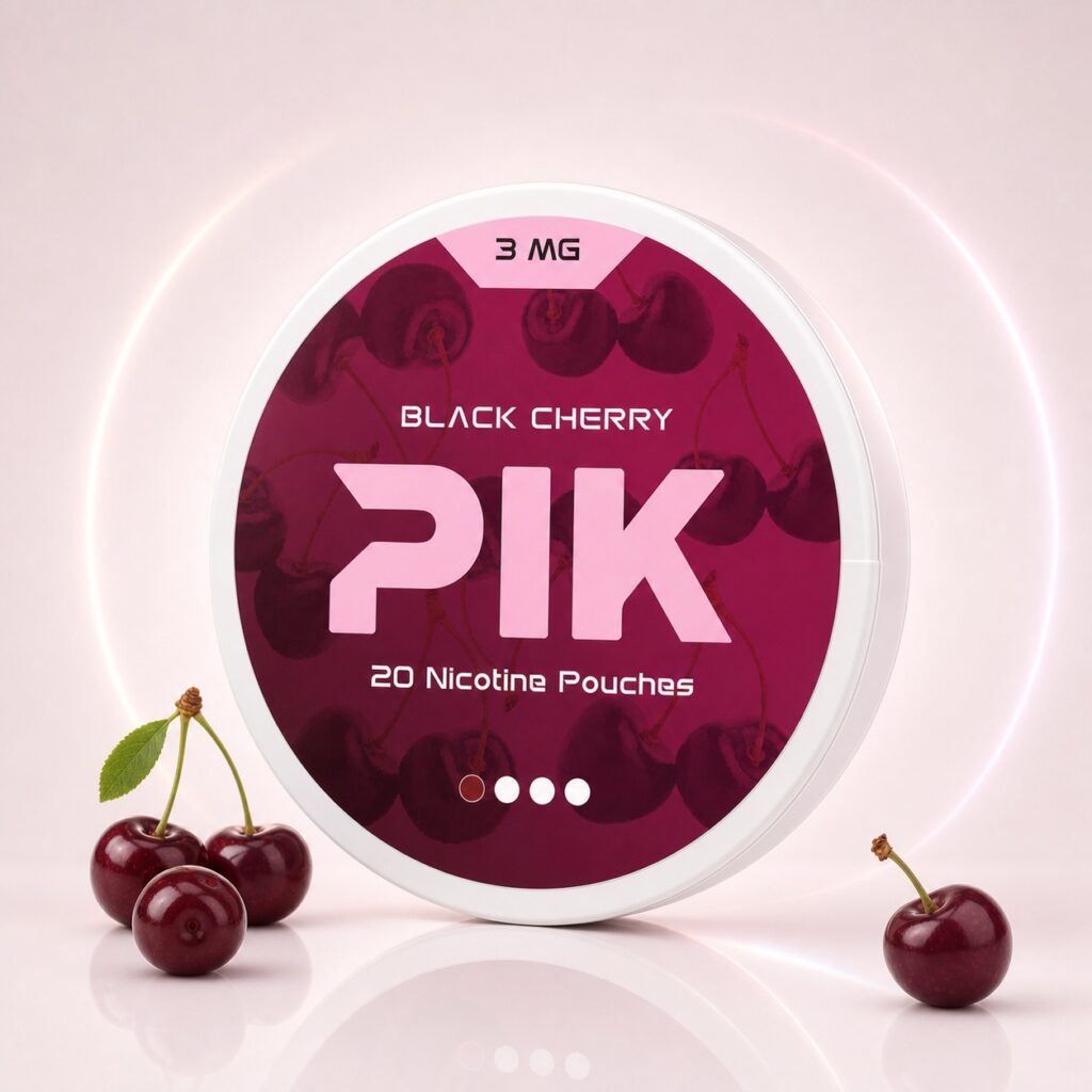 PIK Black Cherry 3mg Nicotine Pouches — 3mg nicotine per pouch, slim format, 20 pouches