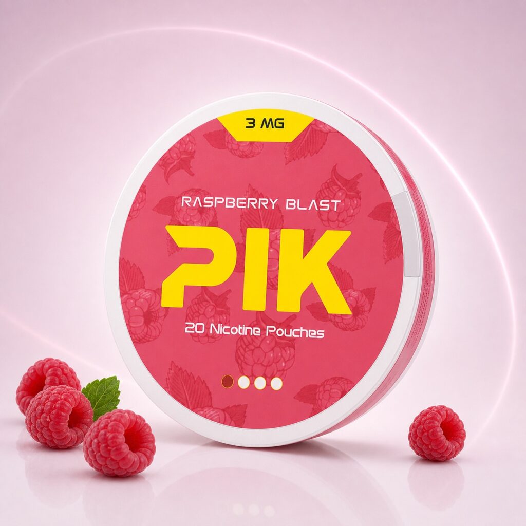 PIK Raspberry Blast 3mg Nicotine Pouches — 3mg nicotine per pouch, slim format, 20 pouches