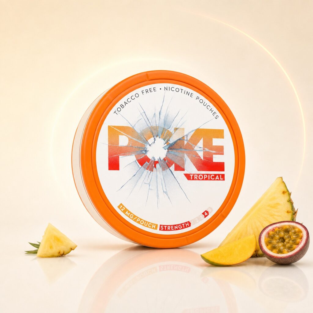 Poke Tropical 12mg Nicotine Pouches — 12mg nicotine per pouch, slim format, 20 pouches