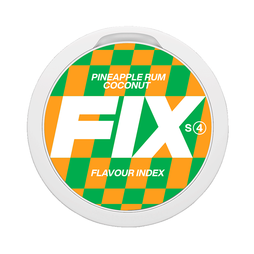 FIX Pineapple Rum Coconut 9.8mg — 9.8mg nicotine per pouch, slim format, 20 pouches