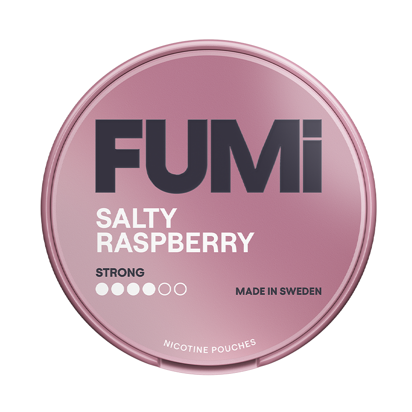 FUMi Salty Raspberry Strong 8mg — 8mg nicotine per pouch, slim format, 20 pouches