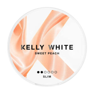 Kelly White Sweet Peach 4mg Nicotine Pouches — 4mg nicotine per pouch, slim format, 20 pouches