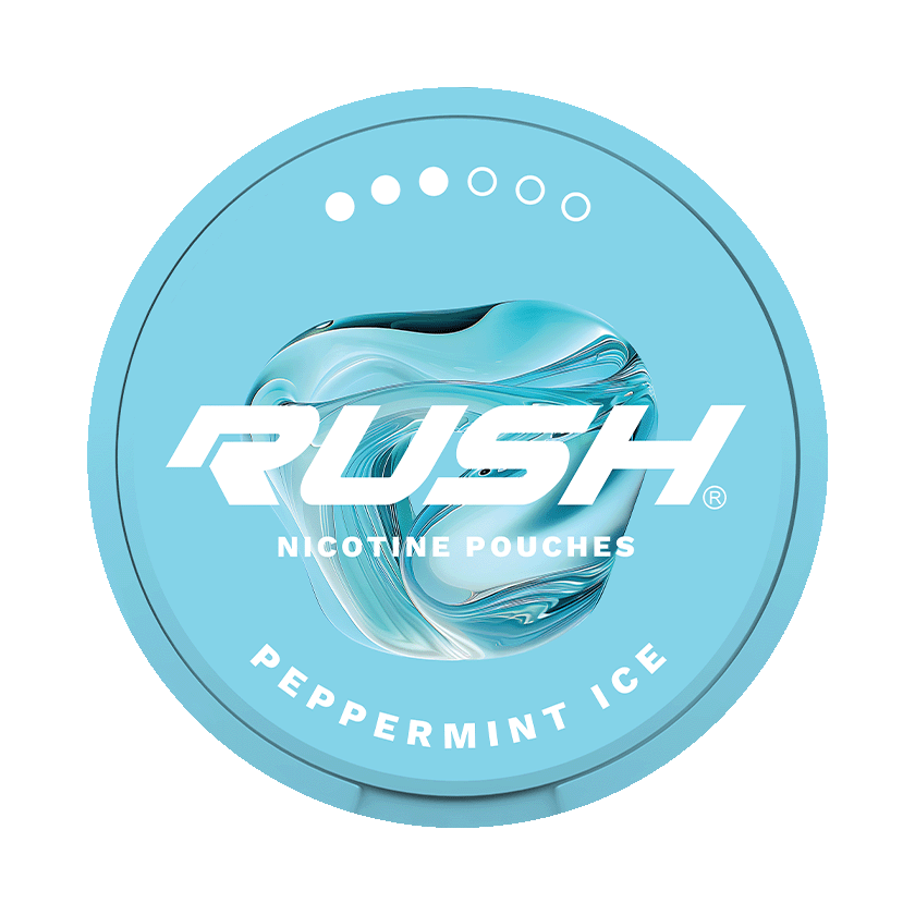 RUSH Peppermint Ice 11.2mg — 11.2mg nicotine per pouch, slim format, 20 pouches