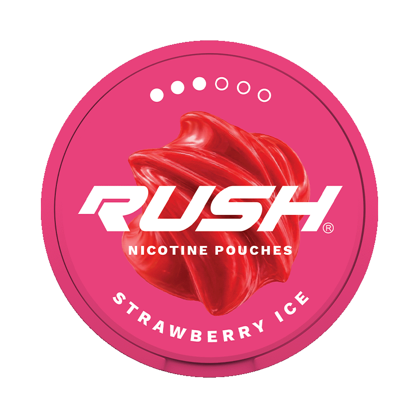 RUSH Strawberry Ice 11.2mg — 11.2mg nicotine per pouch, slim format, 20 pouches