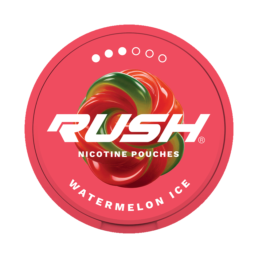 RUSH Watermelon Ice 11.2mg — 11.2mg nicotine per pouch, slim format, 20 pouches