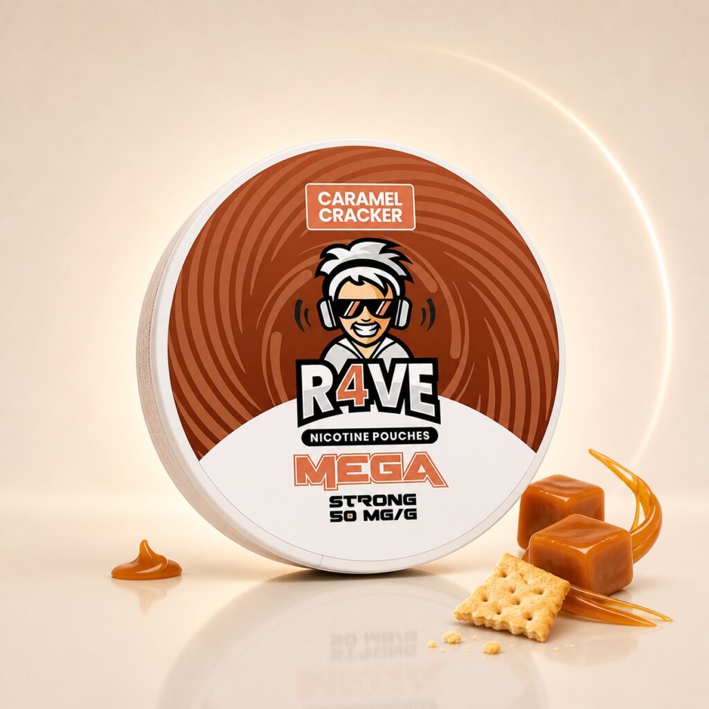 Rave Caramel Cracker 25mg Nicotine Pouches — 25mg nicotine per pouch, slim format, 20 pouches