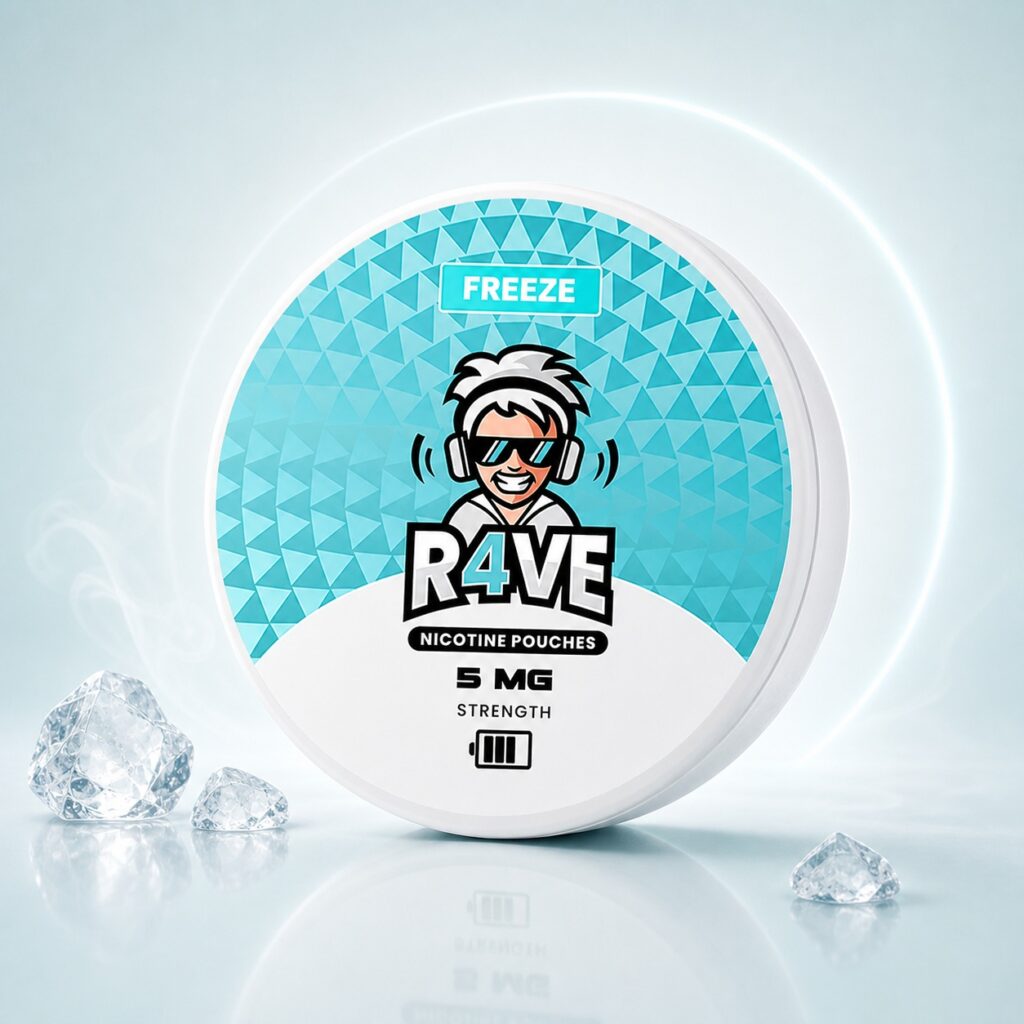 Rave Freeze 5mg Nicotine Pouches — 5mg nicotine per pouch, slim format, 20 pouches