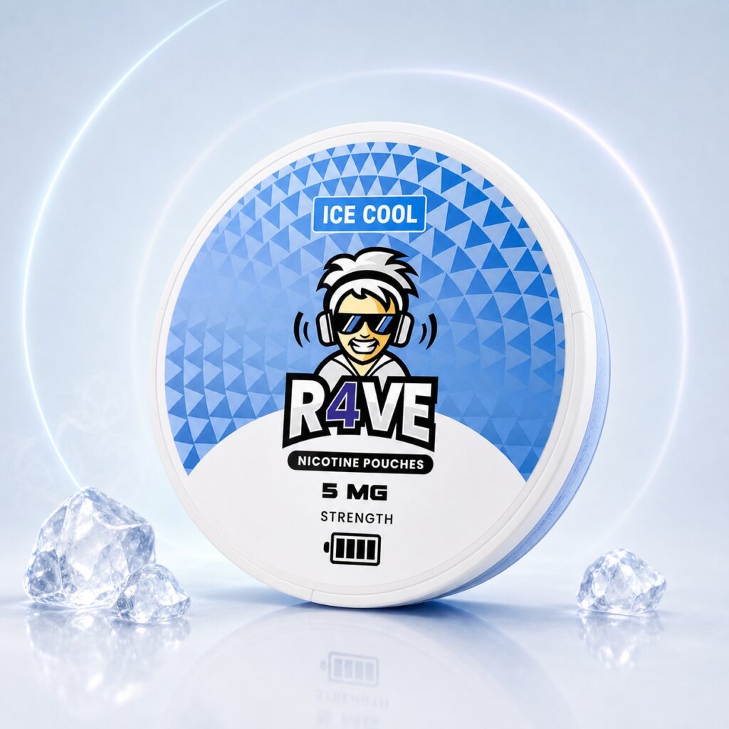 Rave Ice Cool 5mg Nicotine Pouches — 5mg nicotine per pouch, slim format, 20 pouches