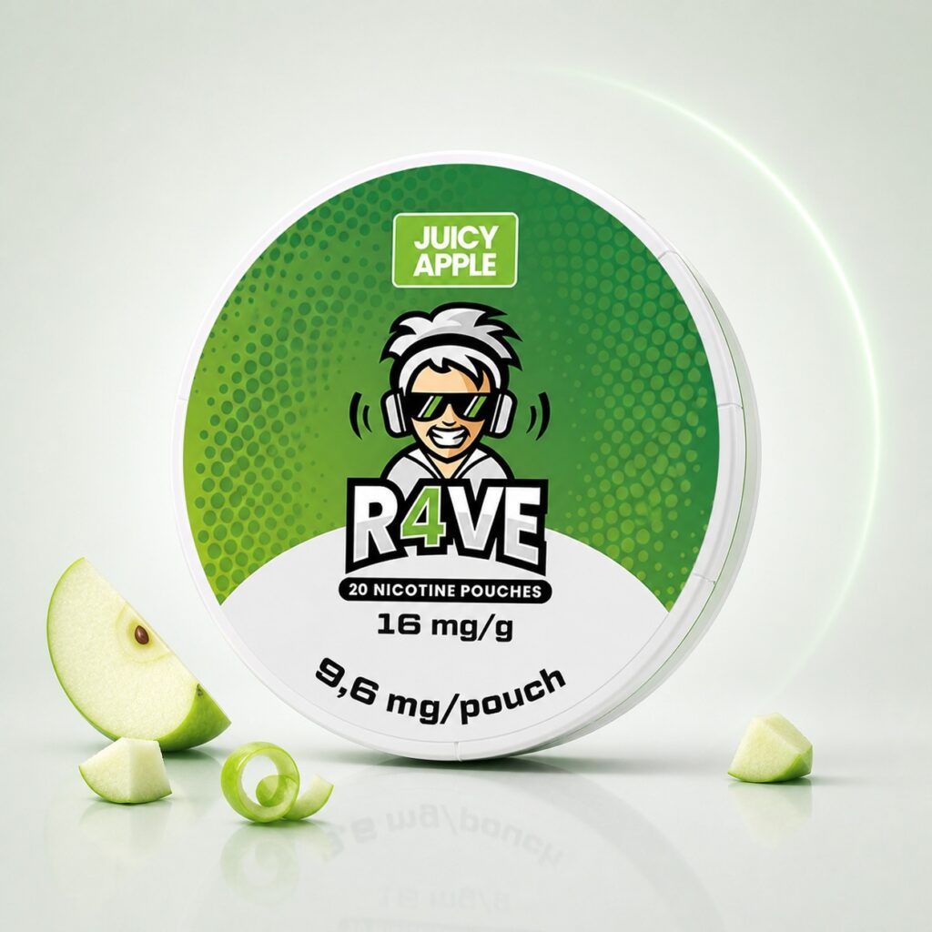 Rave Juicy Apple 9.6mg Nicotine Pouches — 9.6mg nicotine per pouch, slim format, 20 pouches