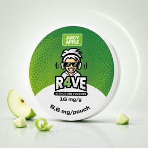Rave Juicy Apple 9.6mg Nicotine Pouches — 9.6mg nicotine per pouch, slim format, 20 pouches