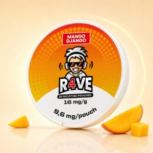 Rave Mango Django 9.6mg Nicotine Pouches — 9.6mg nicotine per pouch, slim format, 20 pouches