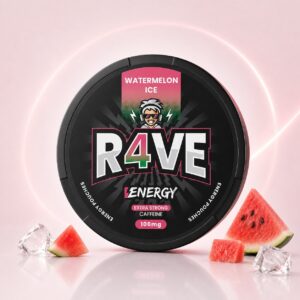 Rave Watermelon Ice 100mg Nicotine Pouches — 100mg nicotine per pouch, slim format, 21 pouches