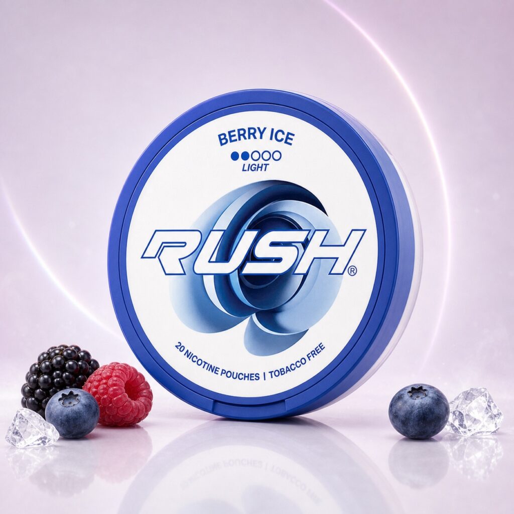 Rush Berry Ice 6mg Nicotine Pouches — 6mg nicotine per pouch, slim format, 20 pouches