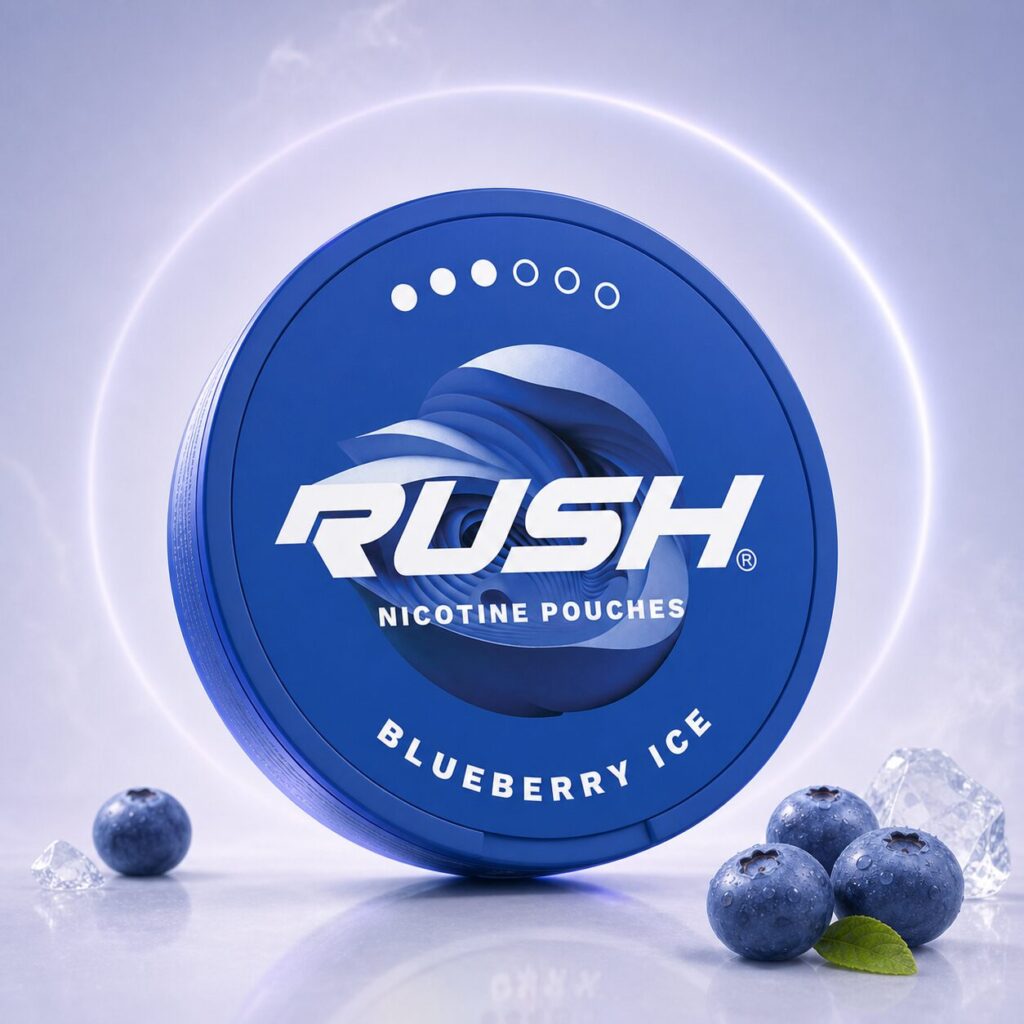 RUSH Blueberry Ice 11.2mg — 11.2mg nicotine per pouch, slim format, 20 pouches