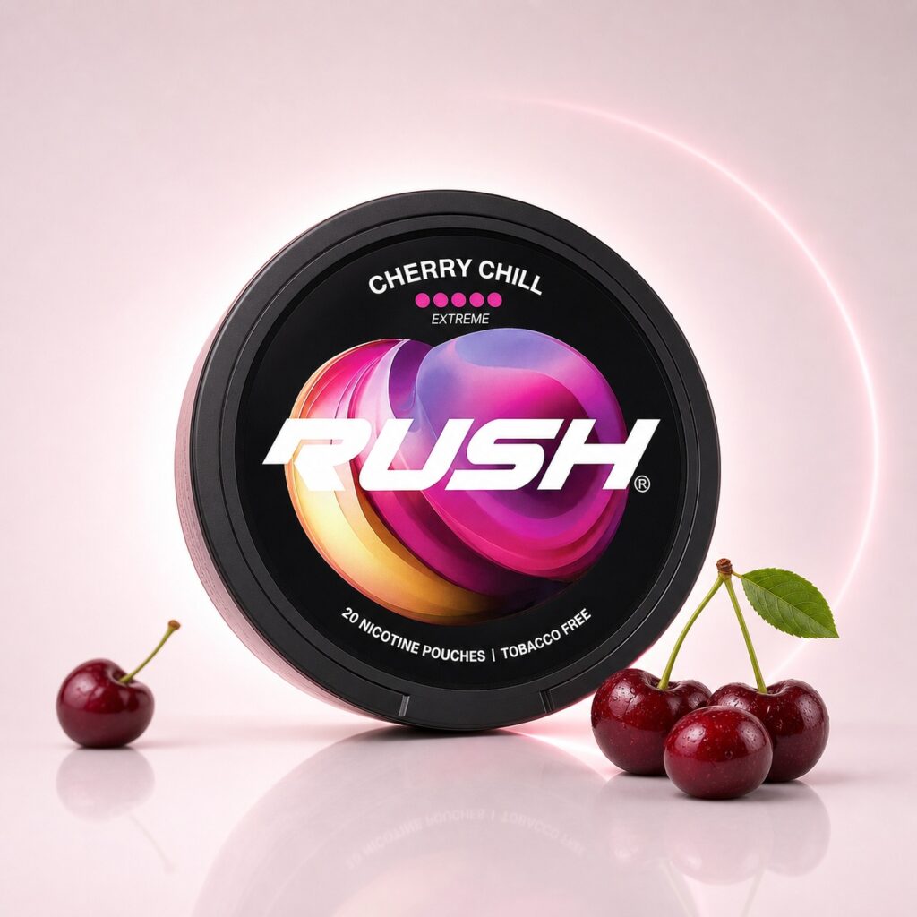 Rush Cherry Chill 21mg Nicotine Pouches — 21mg nicotine per pouch, slim format, 20 pouches