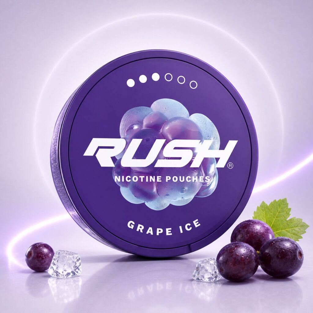 RUSH Grape Ice 11.2mg — 11.2mg nicotine per pouch, slim format, 20 pouches