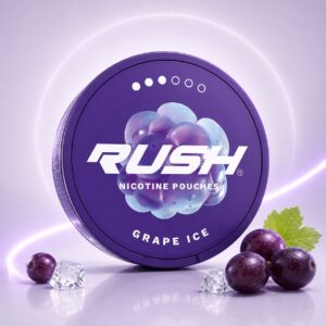 RUSH Grape Ice 11.2mg — 11.2mg nicotine per pouch, slim format, 20 pouches