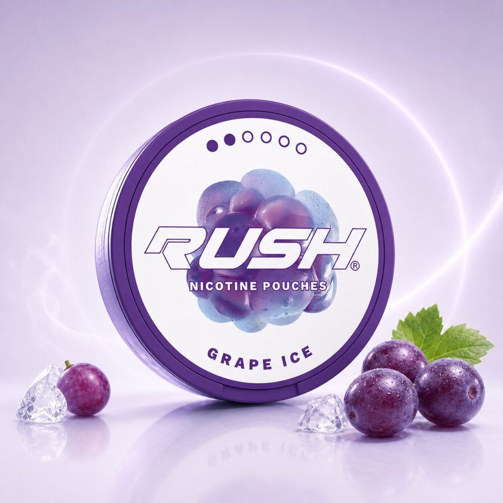 RUSH Grape Ice 6mg — 6mg nicotine per pouch, slim format, 20 pouches