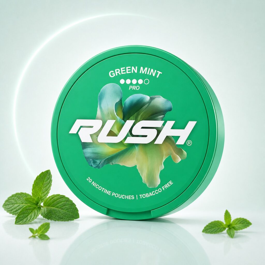 Rush Green Mint 11.2mg Nicotine Pouches — 11.2mg nicotine per pouch, slim format, 20 pouches