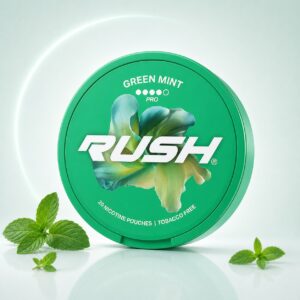 Rush Green Mint 11.2mg Nicotine Pouches — 11.2mg nicotine per pouch, slim format, 20 pouches