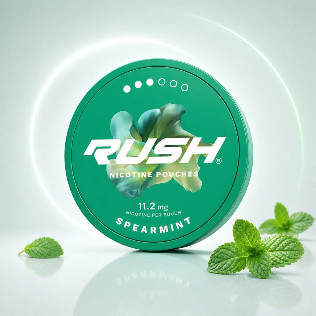 RUSH Spearmint 11.2mg — 11.2mg nicotine per pouch, slim format, 20 pouches