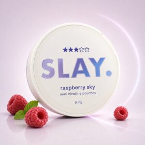 SLAY Raspberry Sky 9mg — 9mg nicotine per pouch, mini format, 20 pouches